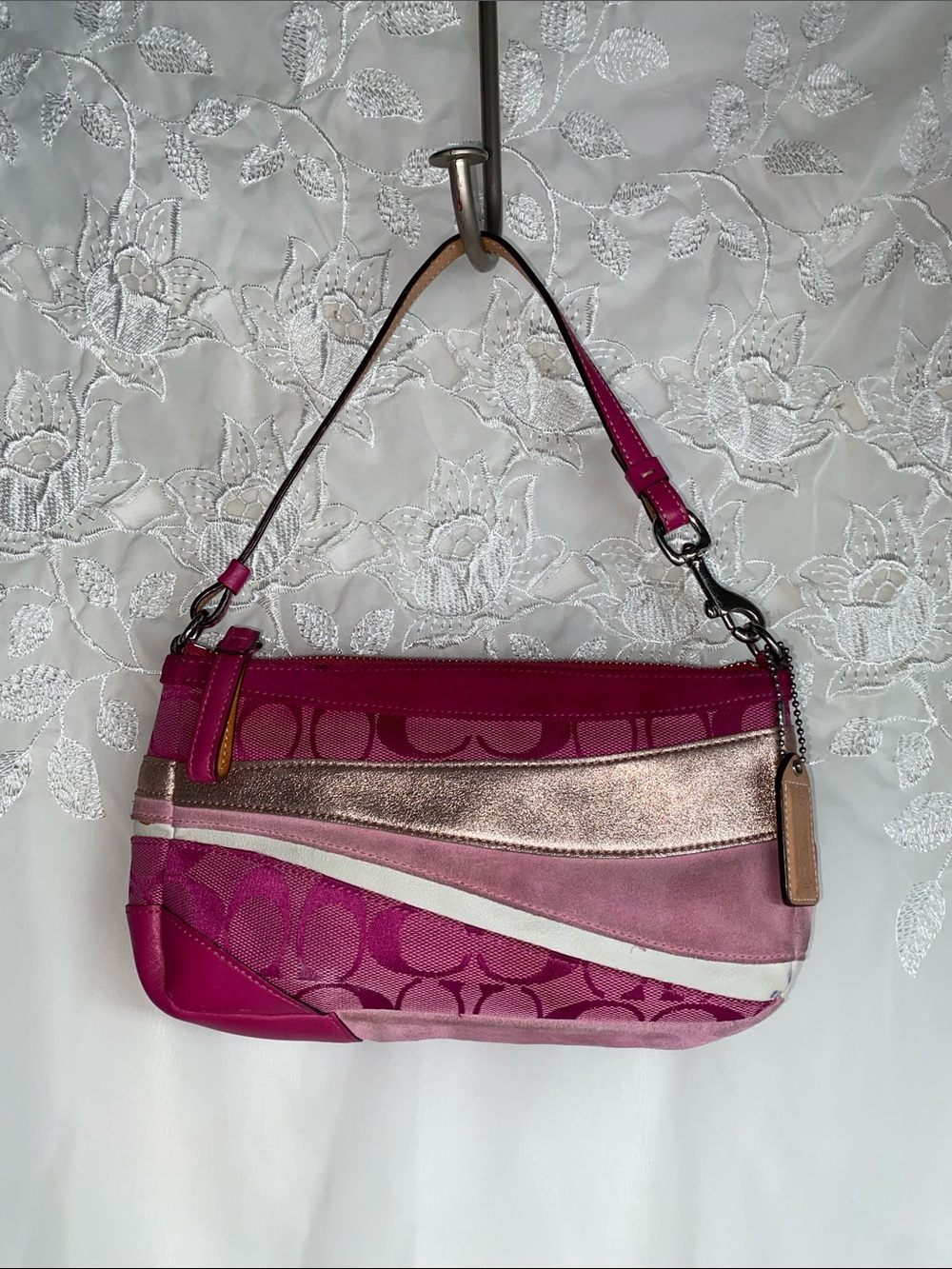 Rare Coach 7706 Pink Signature Patchwork Ware Demi Shoulder Bag